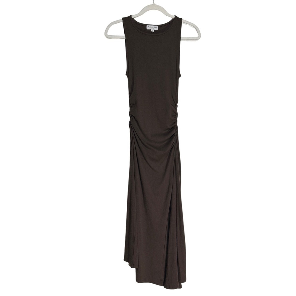 Michael Stars Perez Ruched Ribbed Sleeveless Dress Java Brown Small Made in USA